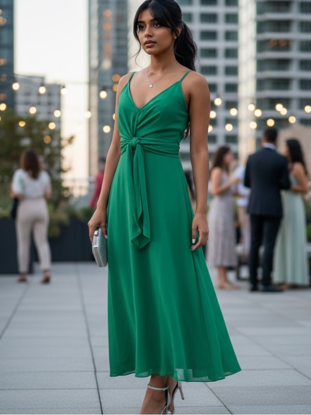 Formal Chiffon Emerald Green Slip Dress with Flowing Wrap-Around Tie Panels